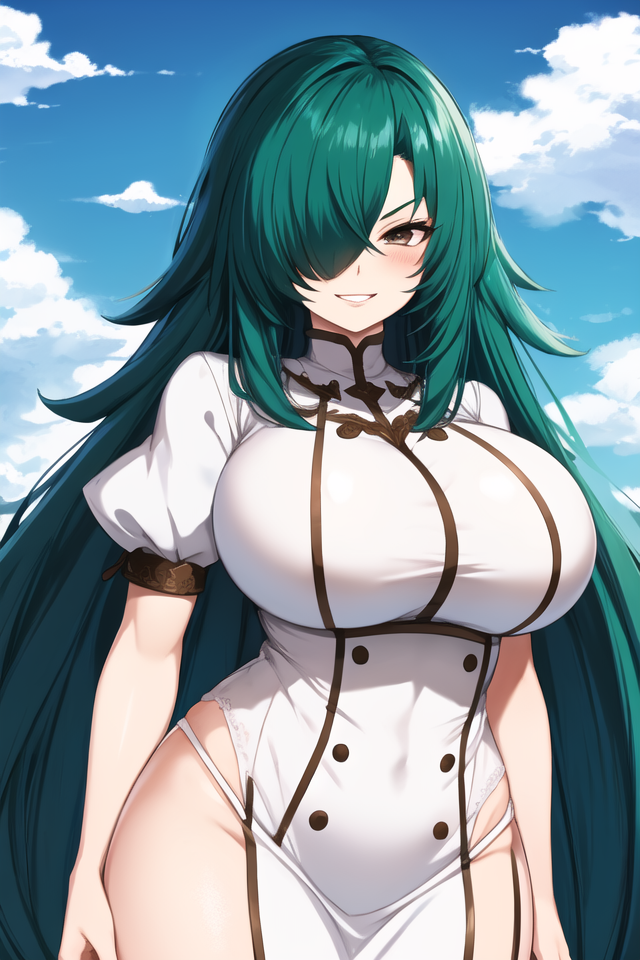 <lora:Rose:0.8>, (large breast), masterpiece, best quality, cowboy shot, looking at viewer, sky, clouds, <lora:royta v1.1:0.7>, <lora:GoodHands-vanilla:0.8>, long hair, dark green hair, brown eyes, slender, upper body, ((hair over eye)), evil smile, smug, white dress, parted lips, (thick lips), perfect anatomy, smiling, perfect arms, perfect hands, perfect fingers, perfect legs, cute, pretty, beautiful, sexy, perfect body, blush, kawaii, trees,