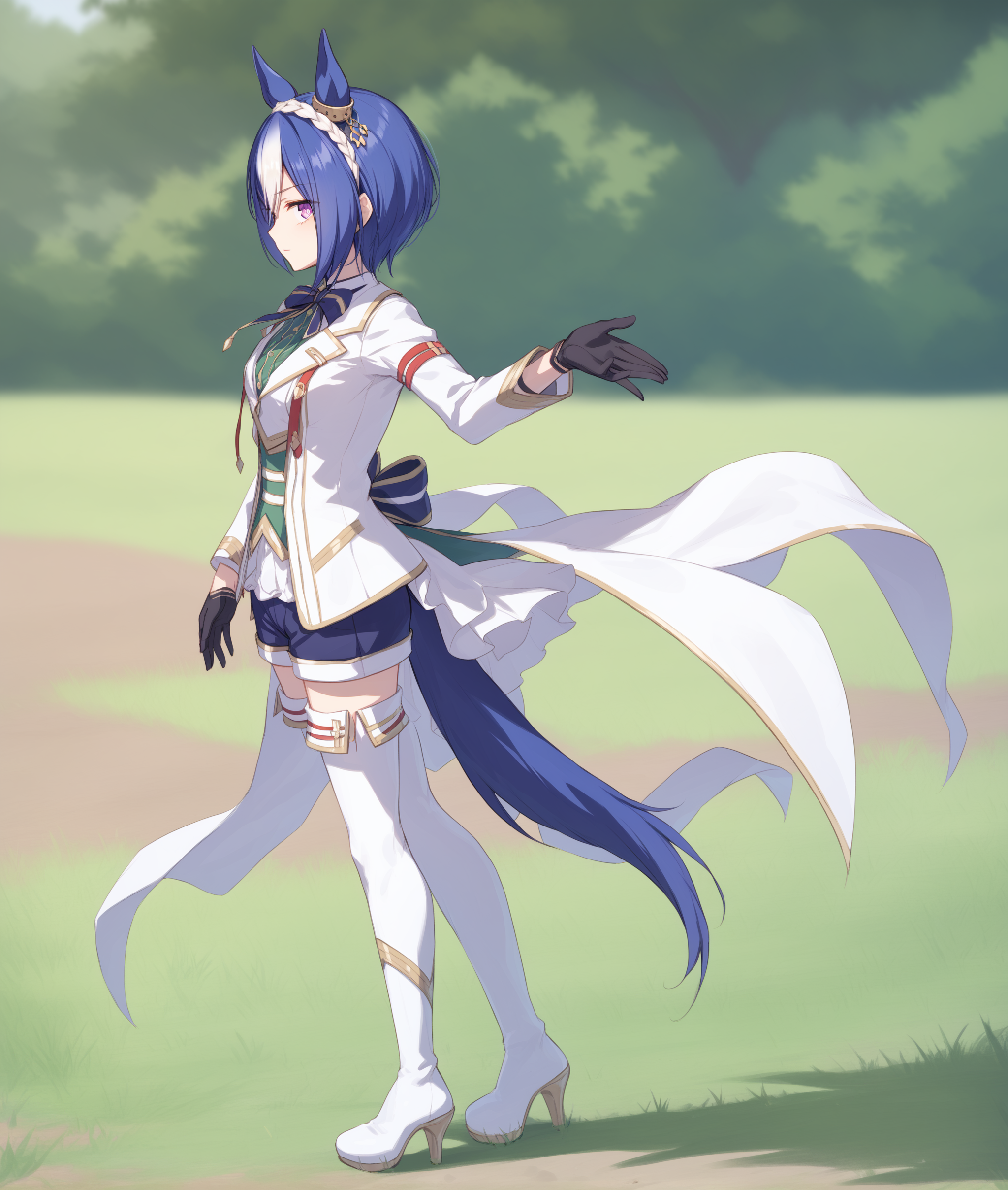 score_9, score_8_up, score_7_up BREAK
grassland, racing, 
shobufuku, 1girl, solo, looking at viewer, short hair, highhighs, gloves, long sleeves, animal ears, blue hair, standing, purple eyes, jacket, tail, full body, white hair, multicolored hair, boots, shorts, black gloves, high heels, two-tone hair, white thighhighs, thigh boots, white footwear, white jacket, horse ears, horse girl, horse tail, high heel boots, half gloves, 
<lora:Cesario-ponyXL:0.9>,