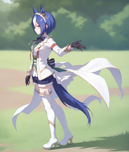 score_9, score_8_up, score_7_up BREAK
grassland, racing,
shobufuku, 1girl, solo, looking at viewer, short hair, highhighs, gloves, long sleeves, animal ears, blue hair, standing, purple eyes, jacket, tail, full body, white hair, multicolored hair, boots, shorts, black gloves, high heels, two-tone hair, white thighhighs, thigh boots, white footwear, white jacket, horse ears, horse girl, horse tail, high heel boots, half gloves,
<lora:Cesario-ponyXL:0.9>,