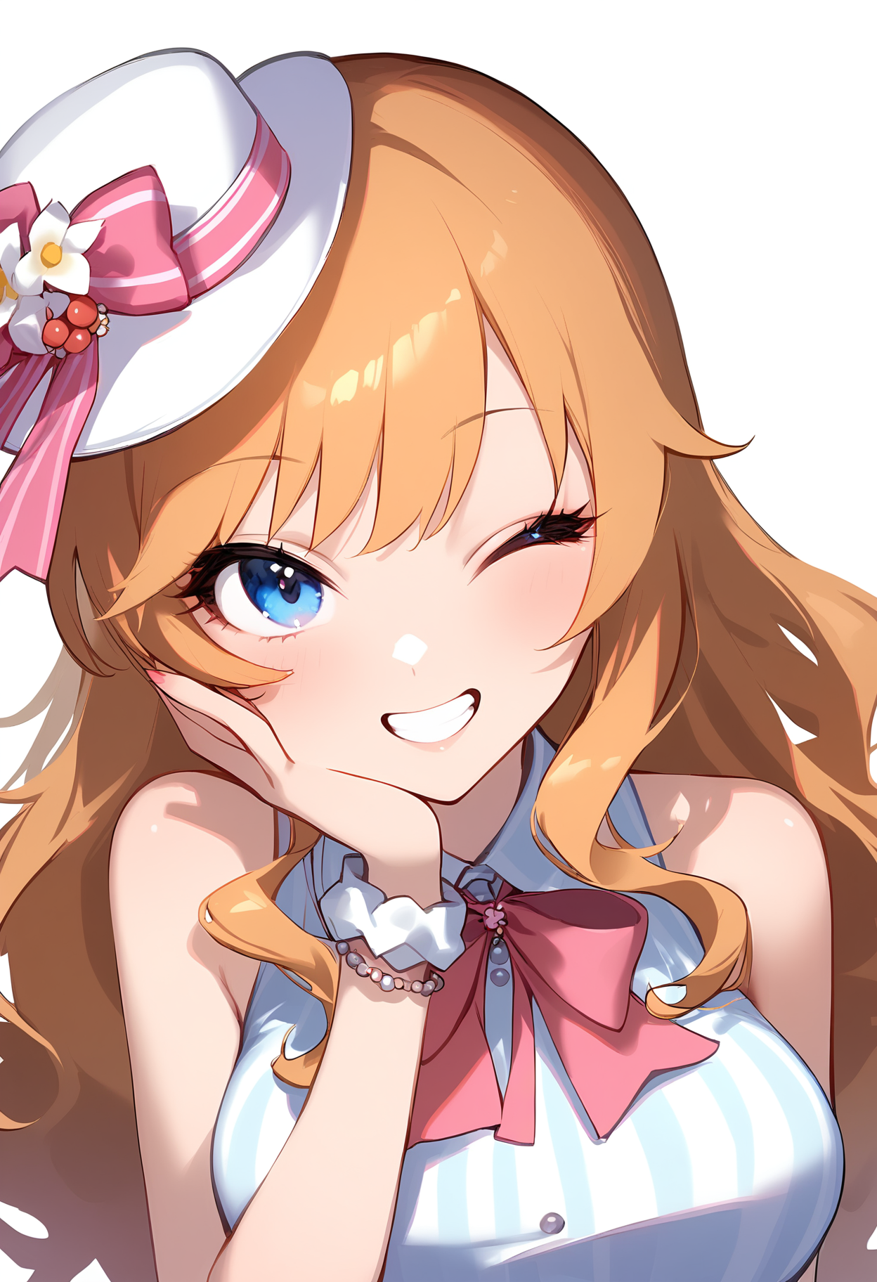 1girl,
ohtsuki yui,


solo, looking at viewer, blush, alternate costume, wrist scrunchie, white flower, bow, pink bow, bracelet, pearl bracelet, armband, scrunchie, bare shoulders, teeth, white scrunchie, white armband, one eye closed, hat flower, grin, large breasts, hand on own face, breasts, ribbon, wavy hair, smile, sleeveless, sleeveless dress, dress, hat, white hat, pink ribbon, upper body, neck ribbon, jewelry, flower, hat bow,

sfw
<lora:a31_char_new_ohtsuki_yui:1> <lora:a31_style_koni-000010:0.8>