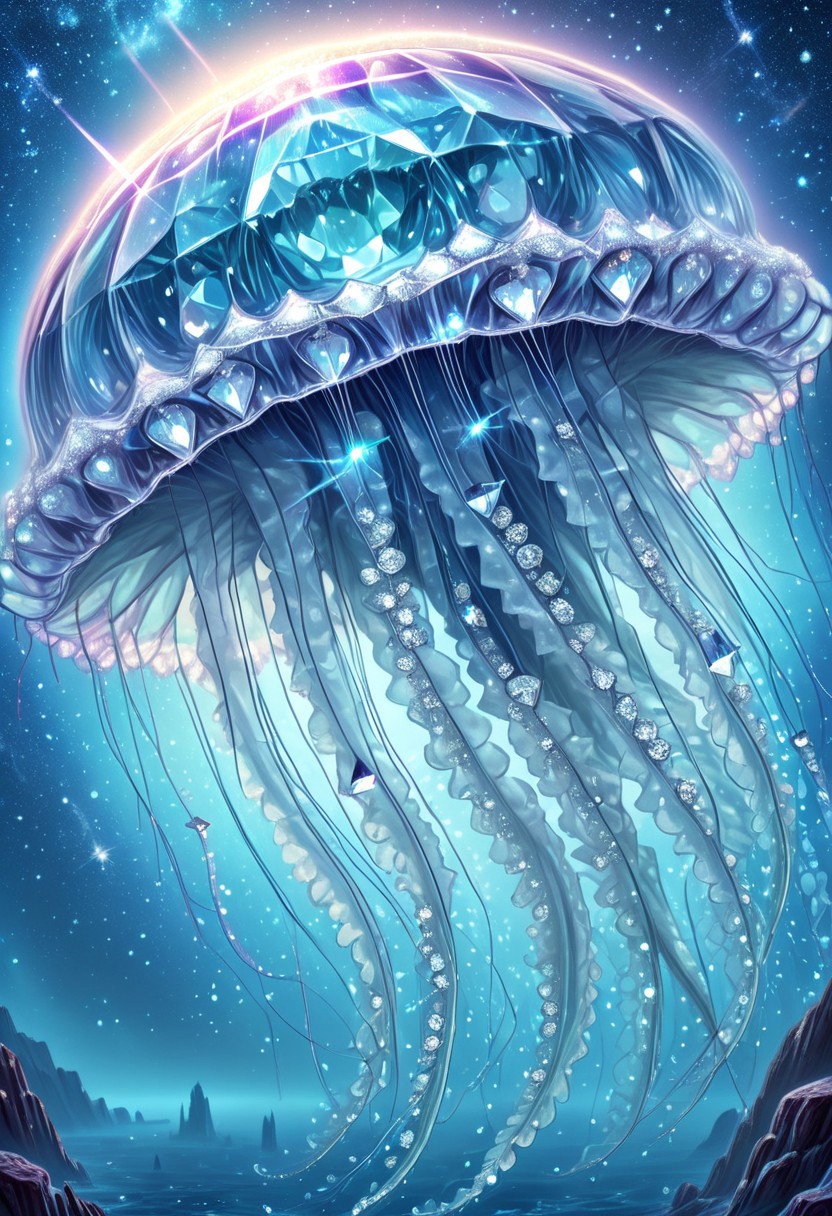 neno, translucent, lazympos, celestial jellyfish,gelatinous body refracting starlight,diamond tendrils drifting in cosmic oceans,alien ruins below,ethereal glow,otherworldly realism,diamondMW,countless diamonds