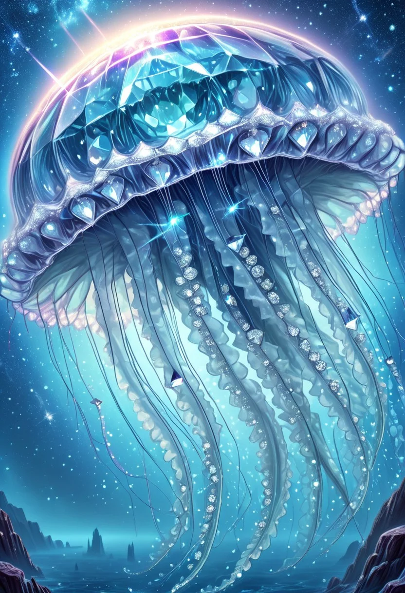 neno, translucent, lazympos, celestial jellyfish,gelatinous body refracting starlight,diamond tendrils drifting in cosmic oceans,alien ruins below,ethereal glow,otherworldly realism,diamondMW,countless diamonds