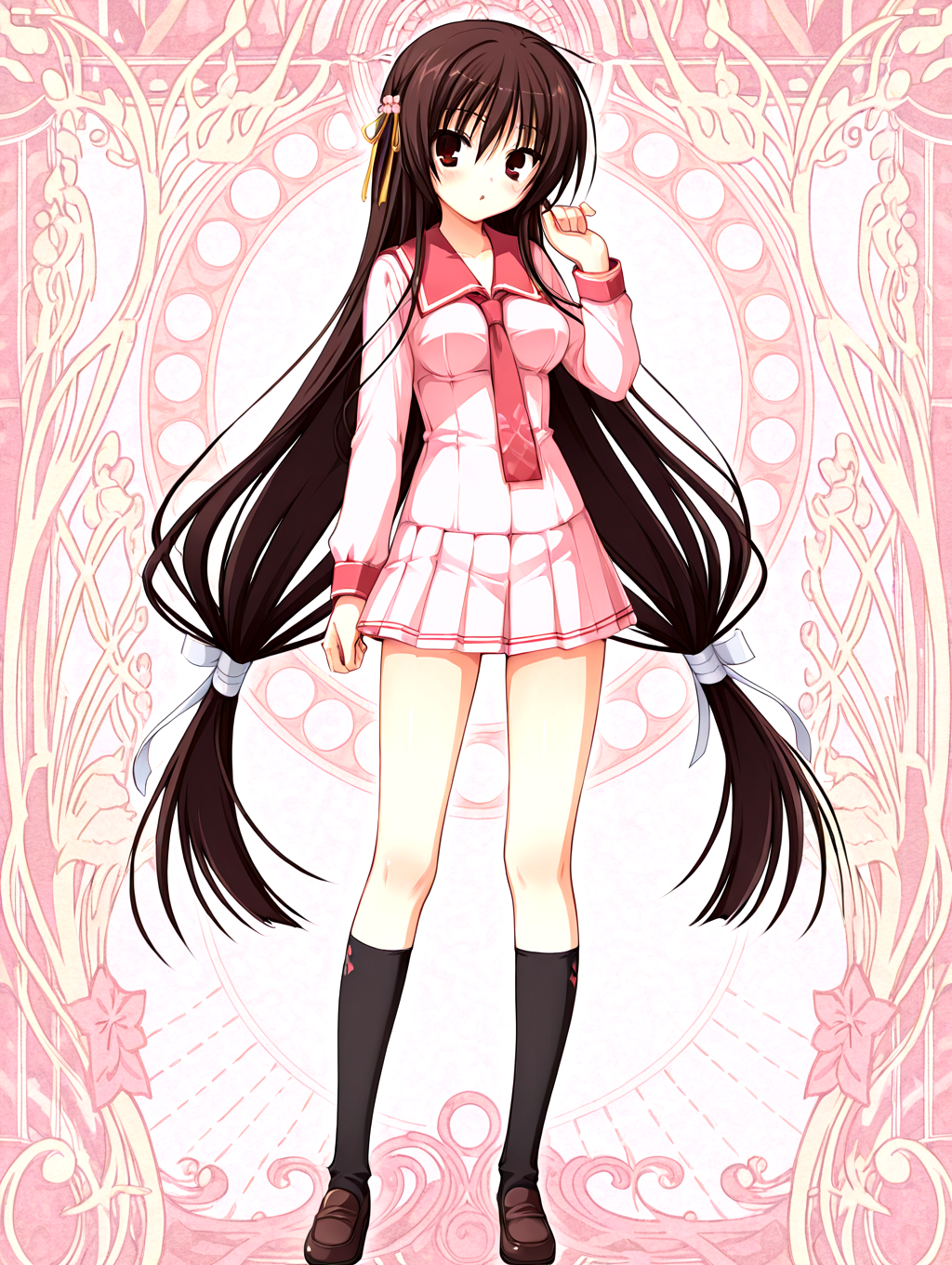 <lora:sakuyahime-tenshin-000009:1>,il-unohana-sakuya,1girl,schoolkamiseara,red eyes,school uniform,brown hair,necktie,solo,pink serafuku,red sailor collar,very long hair,sakura flower yellow hair ribbon,black socks,pleated skirt,brown loafers,
<lora:add-detail-xl:1>,<lora:ponyv4_noob1_2_adamW-000017:0.8>,wear clothes,