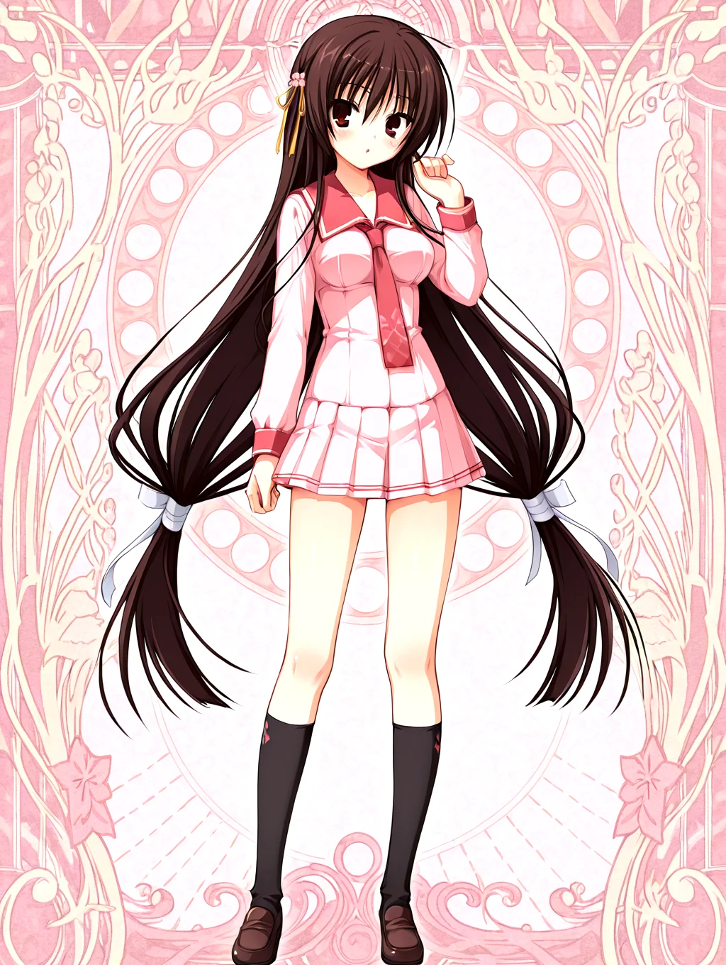 <lora:sakuyahime-tenshin-000009:1>,il-unohana-sakuya,1girl,schoolkamiseara,red eyes,school uniform,brown hair,necktie,solo,pink serafuku,red sailor collar,very long hair,sakura flower yellow hair ribbon,black socks,pleated skirt,brown loafers,
<lora:add-detail-xl:1>,<lora:ponyv4_noob1_2_adamW-000017:0.8>,wear clothes,