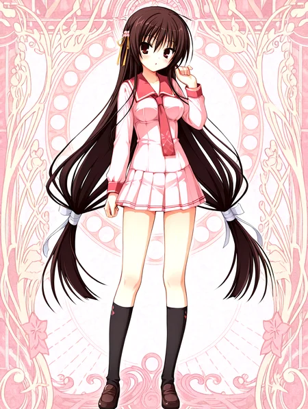 <lora:sakuyahime-tenshin-000009:1>,il-unohana-sakuya,1girl,schoolkamiseara,red eyes,school uniform,brown hair,necktie,solo,pink serafuku,red sailor collar,very long hair,sakura flower yellow hair ribbon,black socks,pleated skirt,brown loafers,
<lora:add-detail-xl:1>,<lora:ponyv4_noob1_2_adamW-000017:0.8>,wear clothes,