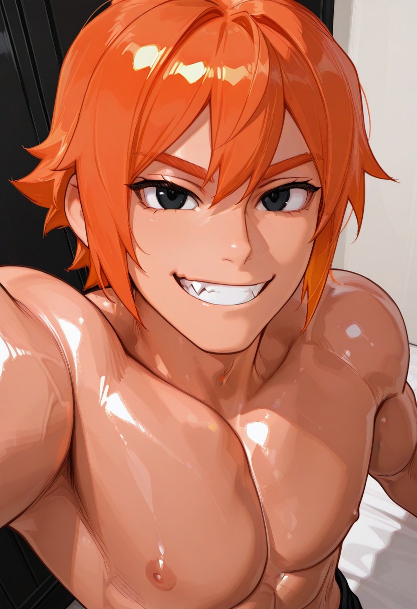 glossy_gold_style, masterpiece, best quality, 1boy, male focus, black eyes, muscular male, grin, teeth, fang, pose, posing, selfie, orange hair, looking at viewer