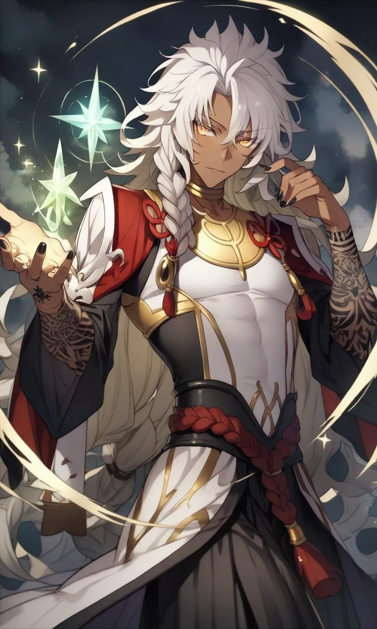 ,source_anime, solomon_(fgo), handsome, dark-skinned man, long hair, white hair, messy hair, ahoge, braid, yellow eyes, jewelry, long robes, tattoo, black fingernails, cowboy shot, dutch angle, magic,fantasy, arcane, mystical, cool pose, pose, magical world, fantasy, glitter, luminous effects, hand fix, perfect hands, clear hands