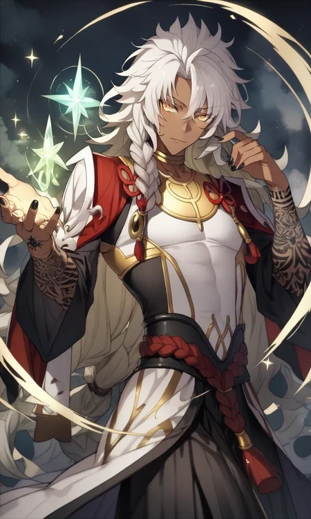 ,source_anime, solomon_(fgo), handsome, dark-skinned man, long hair, white hair, messy hair, ahoge, braid, yellow eyes, jewelry, long robes, tattoo, black fingernails, cowboy shot, dutch angle, magic,fantasy, arcane, mystical, cool pose, pose, magical world, fantasy, glitter, luminous effects, hand fix, perfect hands, clear hands