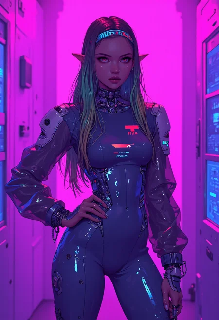 (masterpiece:1.3), (hires, high resolution:1.3), subsurface scattering, ambient occlusion, bloom, detailed background, extremely detailed, dark, 4byss, hattiezazu, digital art, soft light, cyberspace, (iridescent purple background, "nussTech" ad-screens), Soft focus, Soft lighting, anime, cyberpunk standing, oner hand on hip, seductive, single girl, female cyborg, ("nT" brand, cyborg implant limbs:1.2), metal choker, headband, ("nT" brand, clear pvc catsuit:1.2), (elf ears:1.2), boobs, perky nipples, (long hair, wavy, red, blue, green, gradient hair:1.3), black lipstick, (seductive:1.2), freckles, <lora:FLUX - Cyberpunk Anime Style:1> <lora:FLUX - Surreal_Photo (Glitter):0.5>