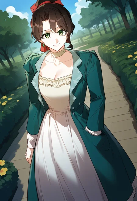 zPDXL3, score_9_up, score_8_up, score_7_up, (Anime_source), 1girl, Mildred, green eyes, green eyebrows, brown hair, long hai ponytail, coat dress, looking at viewer, smile, dutch angle, standing on garden