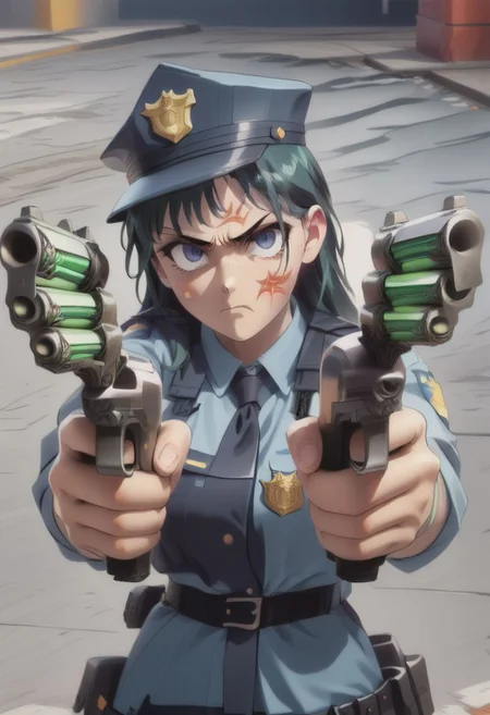 score_9, score_8, score_7, score_6,rating_safe,source_anime,1girl, maomao, green hair, long hair, blue eyes, police, police uniform, policewoman,dual pistol, angry face,looking viewer, police chasing, cinematic,