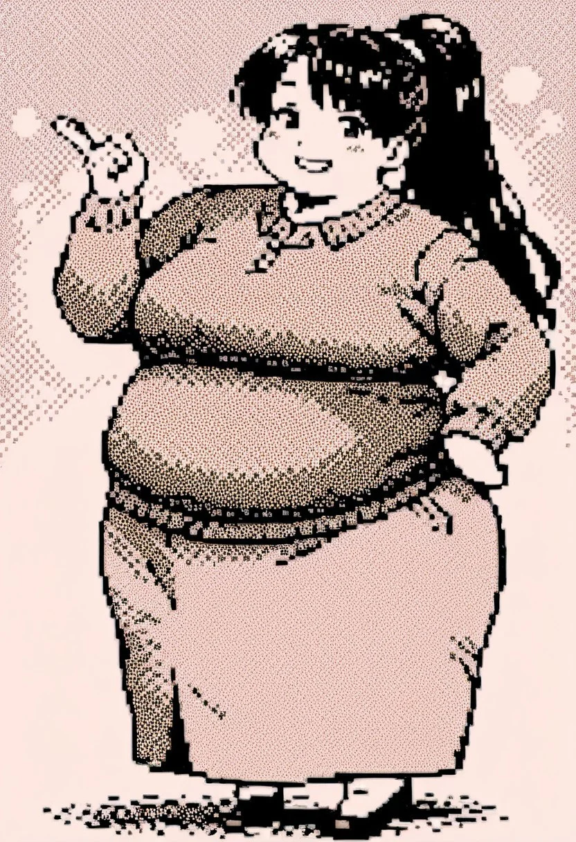 masterpiece, best quality, 32k, high resolution, absurdres, HD32k, masterpiece, extremely detailed, cute face, detailed eyes,traditional media, gn2pk, pixel art, pixel sprite,
1 woman, 35 years old, bbw, ssbbw, obese, fat, round cheeks, round face, fat face, adult, black hair, long hair, grey eyes, drooping eyes, ponytail, chubby body, light grin, teeth, smile,
manga,halftone, high contrast,