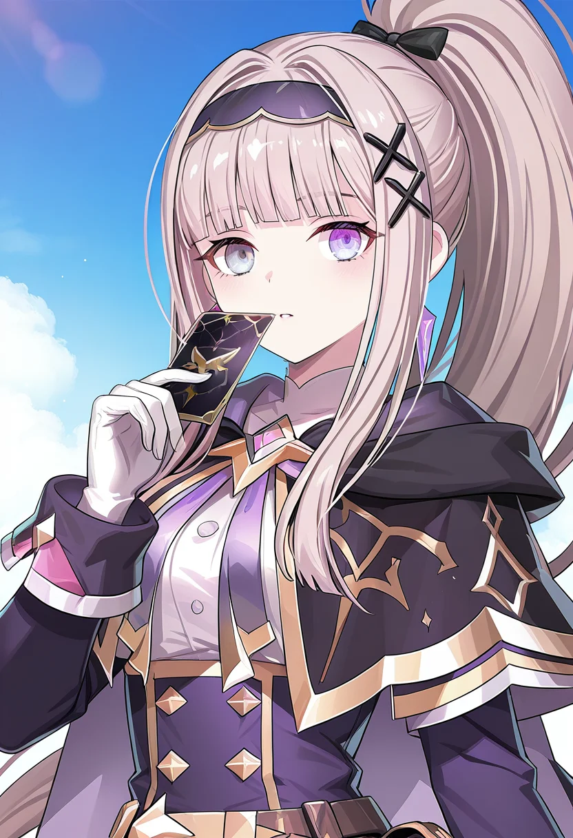 1girl, sole, masterpiece, best quality, high quality, vice(grand chase), heterochromia, purple eyes, grey eyes, light brown hair, ponytail, magician, earrings, long sleeves, cape, white gloves, upper body, looking at viewer, holding card, blue sky,