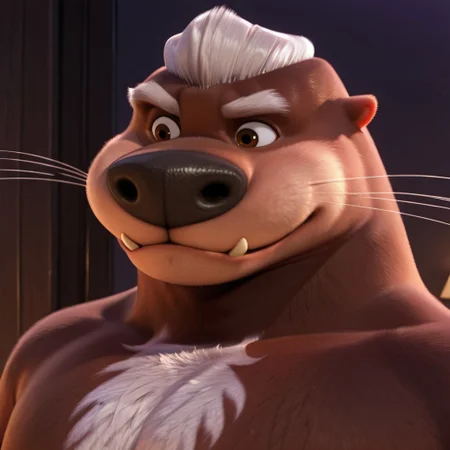 masterpiece, best quality, amazing quality, McMahon, solo, furry male, older man, brown fur, otter, white hair, whiskers, tail, thick eyebrows, brown eyes, tall, muscular, chest hair, fangs, close up, portrait, smile,
