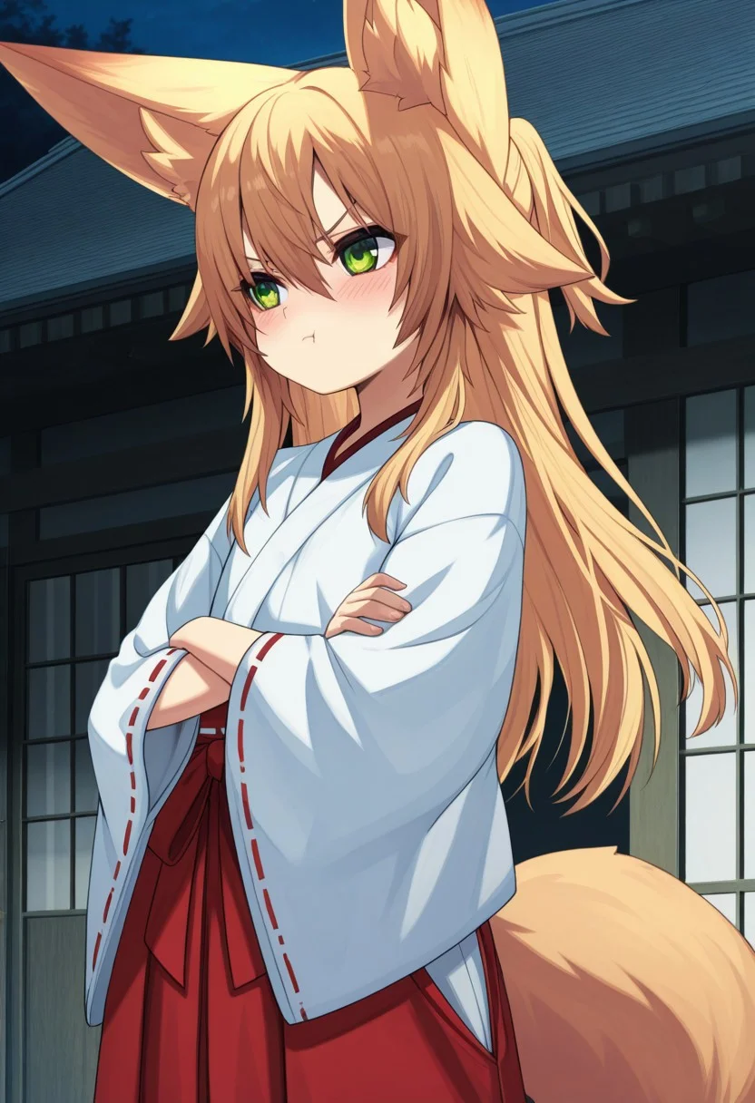 masterpiece,perfect quality,best quality,absolutely eye-catching,absurdres,highres,newest,anime coloring, anime screencap,(1girl,solo), Kokonoe_Tsubaki,green eyes,long hair,flat chest,fox ears,(fox tail),(arms crossed, looking away, pout, blush),red hakama,miko,japanese building,night,sakura trees,
