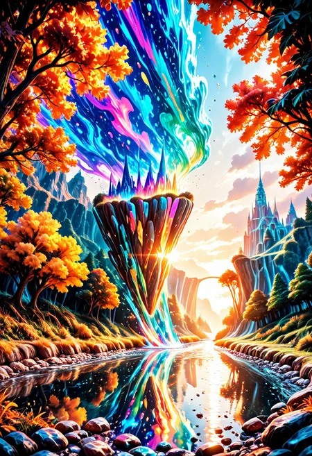 SmoothNoob_Quality, nature, (sunlight), river, floating palace, beautiful and delicate water, (bloom), (shine), colorful, dynamic vivid colors, panorama, landscape, Colorful portraits, dynamic lighting, Natural atmospheric lighting, elegant
