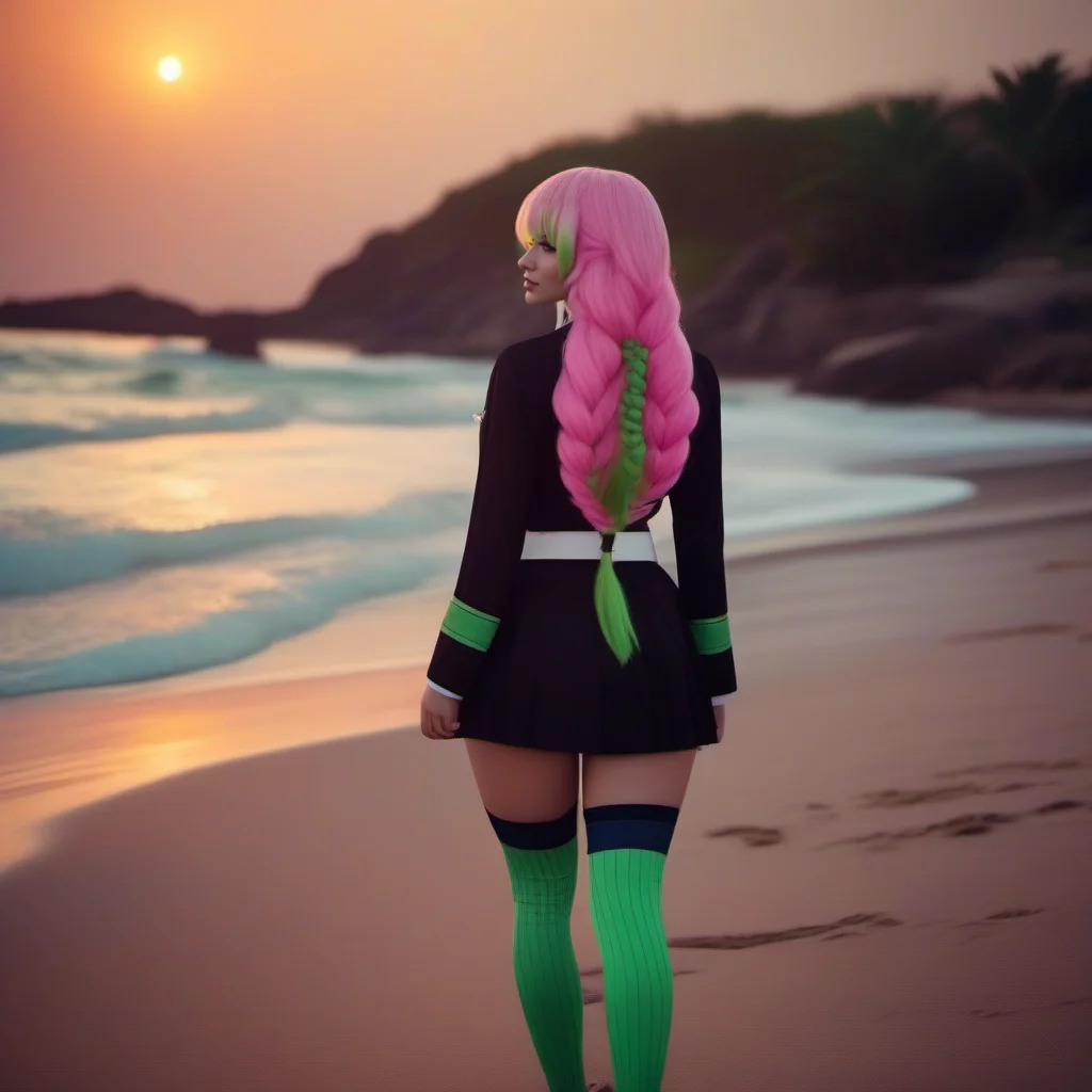 cinematic photo backview of 1girl, ass, black demon slayer uniform, green thighhighs,green eyes, breasts, cleavage, multicolored pink long hair, mole, on a beach, sunset <lora:MitsuriKanroji1024:0.8> . 35mm photograph, film, bokeh, professional, 4k, highly detailed