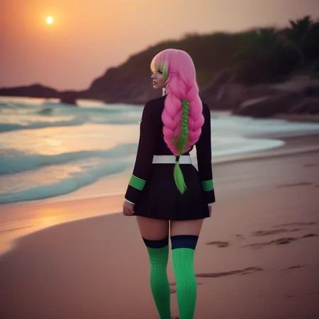 cinematic photo backview of 1girl, ass, black demon slayer uniform, green thighhighs,green eyes, breasts, cleavage, multicolored pink long hair, mole, on a beach, sunset <lora:MitsuriKanroji1024:0.8> . 35mm photograph, film, bokeh, professional, 4k, highly detailed