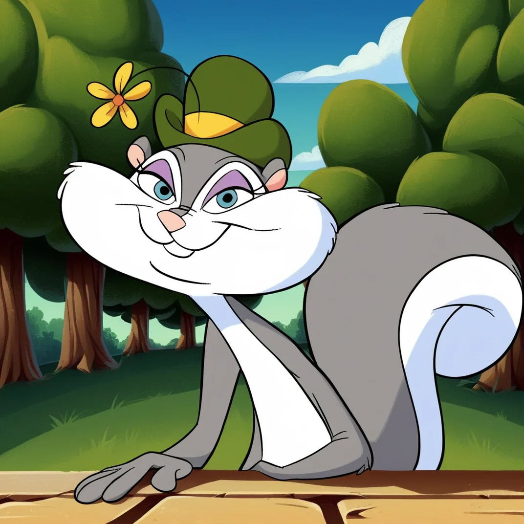score_9, score_8_up, score_7_up, score_6_up, score_5_up, score_4_up, (Source furry), <lora:Slappy_Squirrel:1>, slappy squirrel, furry female, 1girl, solo, outside, trees, smile, squirrel girl, looking at viewer, blue eyes, tail, grey fur, two tone fur, hat, flower hat,