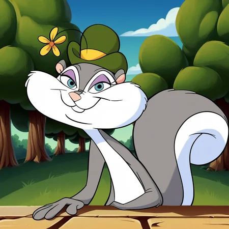 score_9, score_8_up, score_7_up, score_6_up, score_5_up, score_4_up, (Source furry), <lora:Slappy_Squirrel:1>, slappy squirrel, furry female, 1girl, solo, outside, trees, smile, squirrel girl, looking at viewer, blue eyes, tail, grey fur, two tone fur, hat, flower hat,