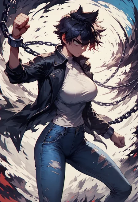 score_9, score_8_up, score_7_up, monochromatic ink, 1girl, determined, tomboy, black jacket, tight jeans, chain, fighting pose, dynamic background, slim, thin, large breasts, masterpiece, detailed face