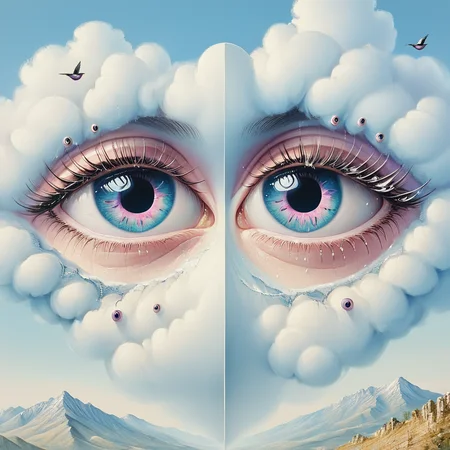 <lora:Dreamlike_surrealist_paintingSDXL:1> ArsMJStyle, Dreamlike surrealist painting, The image is a digital art piece that appears to be a close-up of a pair of human eyes. The eyes are the focal point of the image with the iris being the most prominent. The iris is a deep blue color with a hint of pink and purple. The pupil is a lighter shade of blue and the eyelashes are long and full. The eyes are surrounded by a white cloud-like structure which is the shape of a mountain peak. The cloud is filled with small droplets of water giving the impression that the eyes are floating in the air. The background is a light blue sky with a few birds flying around. The bottom of the background shows a vast landscape with a mountain range in the distance. The overall color palette is soft and dreamy with shades of blue and pink., eye focus, cloud, bird, sky, blue sky, blue eyes, outdoors, day, cloudy sky, eyelashes