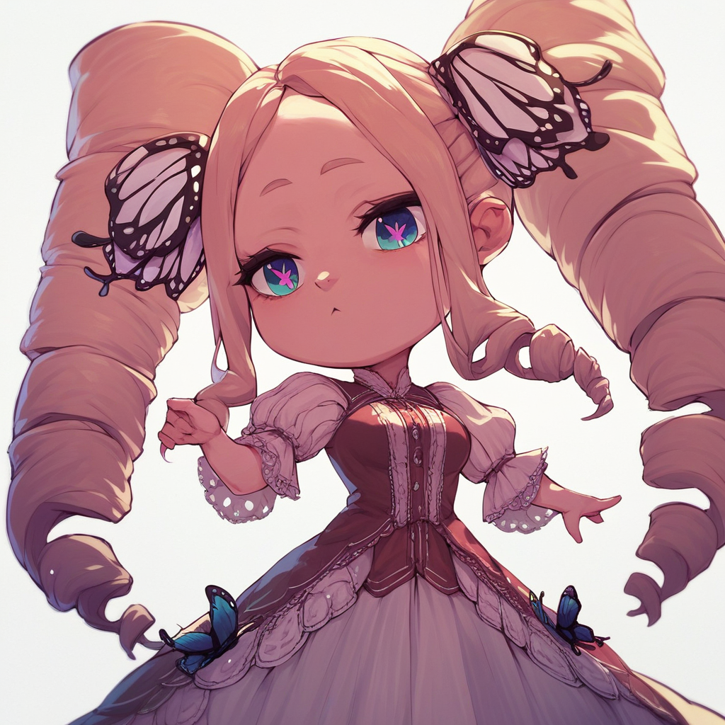 score_9, score_8_up, score_7_up, score_6_up, score_5_up, score_4_up, 1girl, Beatrice, long hair, twin drill hair, side locks, symbol shaped pupils, butterfly pupils, Medium Breasts, Short Stack, beautiful dress