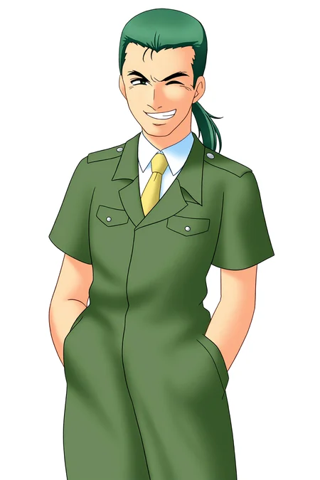 higurashiog, solo, looking at viewer, smile, simple background, shirt, 1boy, green eyes, white shirt, upper body, male focus, ponytail, short sleeves, necktie, one eye closed, green hair, collared shirt, grin, black eyes, uniform, military, military uniform, transparent background, pocket, hand in pocket, breast pocket, yellow necktie, okonogi tetsurou,
(masterpiece, best quality, absurdres, highres), very awa,