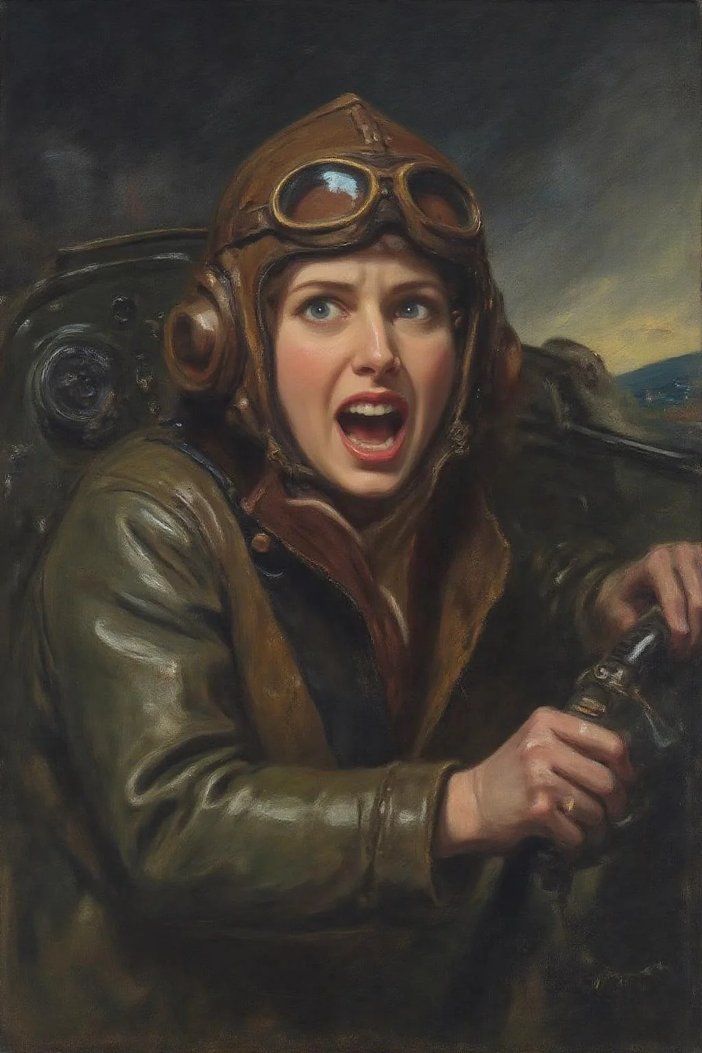 frankowensalisbury1 painting.
A female pilot screaming inside the cockpit of a World War II bomber. The pilot, wearing a vintage leather flight helmet with goggles and a bomber jacket, grips the controls with white-knuckled hands. Her face is contorted in a mix of fear and determination as she yells, her eyes wide with adrenaline. The cockpit is cramped and filled with old-fashioned dials and gauges, with the outside view showing dark stormy clouds and distant anti-aircraft fire <lora:frankowensalisbury1_cap_d8a4:1.0><lora:863252750618626804:0>