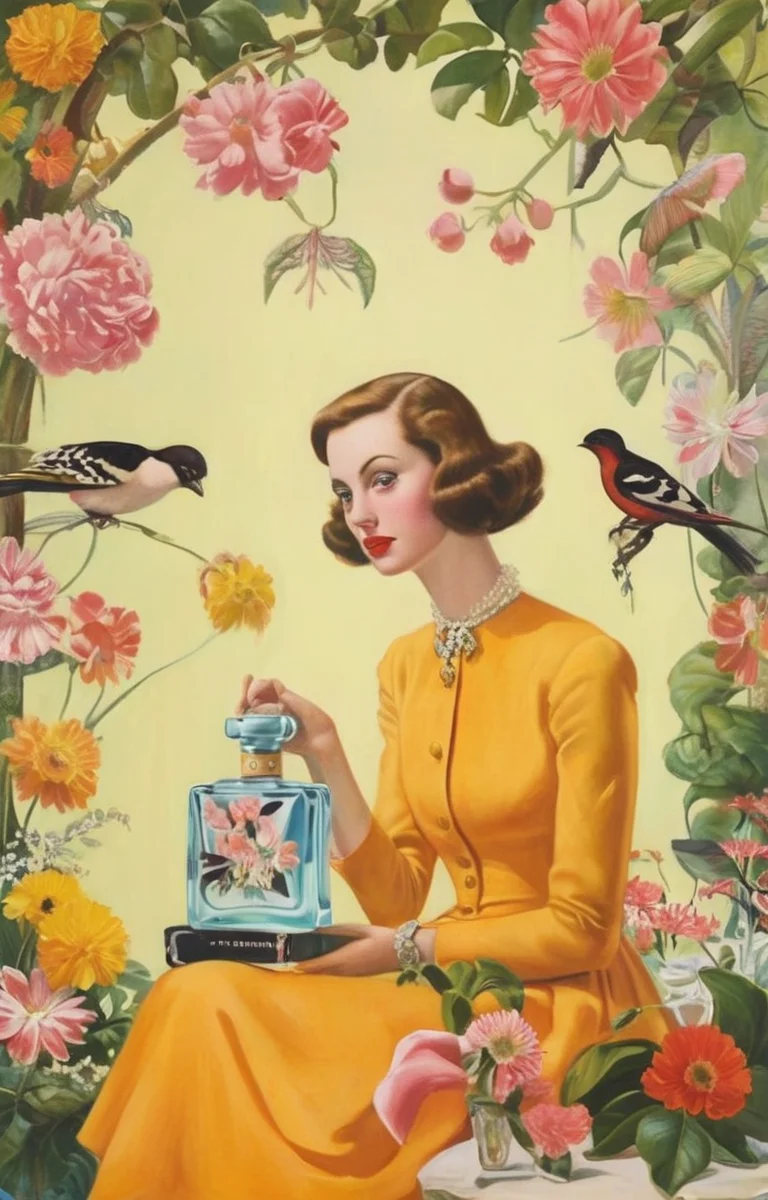 masterpiece,best quality,<lora:tbh293-sdxl:0.9>,illustration,style of Dorothy Draper A bottle of perfume in garden