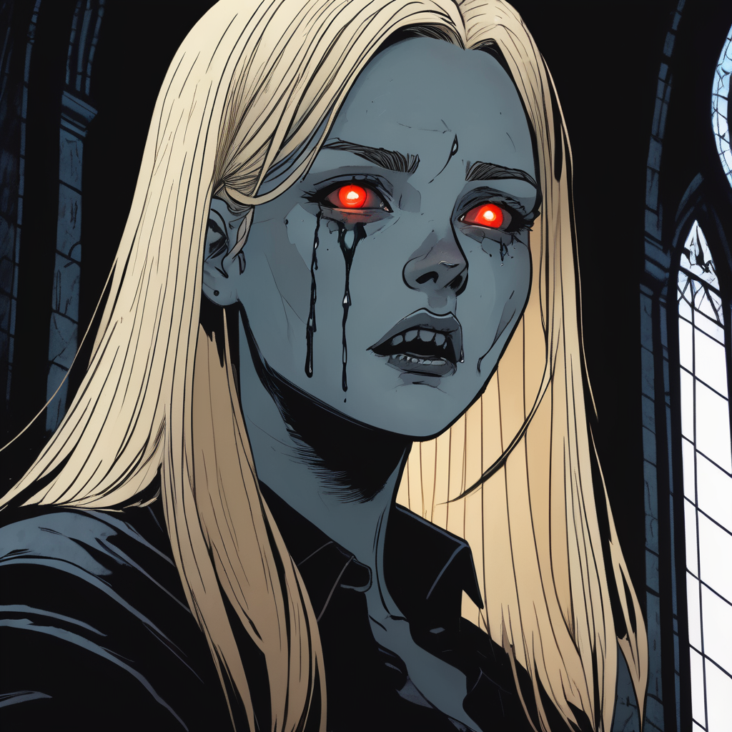 VtmArt, comic drawing of a blonde haired girl with crying glowing eyes and fangs in a cathedral, wearing black shirt, melancholy, graphic novel,  <lora:VtmArt:1>, (masterpiece:1.3), at night, cinematic lighting, intricately detailed, high quality, dramatic atmosphere,