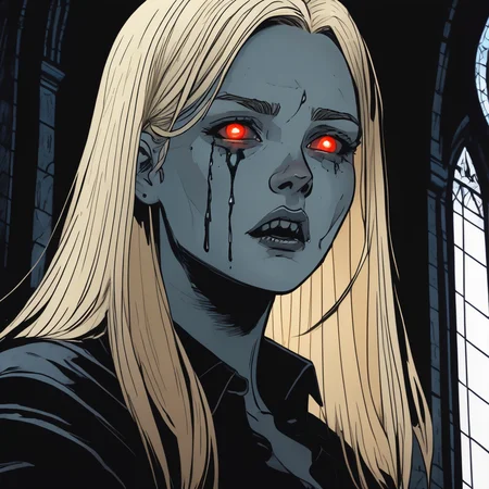 VtmArt, comic drawing of a blonde haired girl with crying glowing eyes and fangs in a cathedral, wearing black shirt, melancholy, graphic novel,  <lora:VtmArt:1>, (masterpiece:1.3), at night, cinematic lighting, intricately detailed, high quality, dramatic atmosphere,