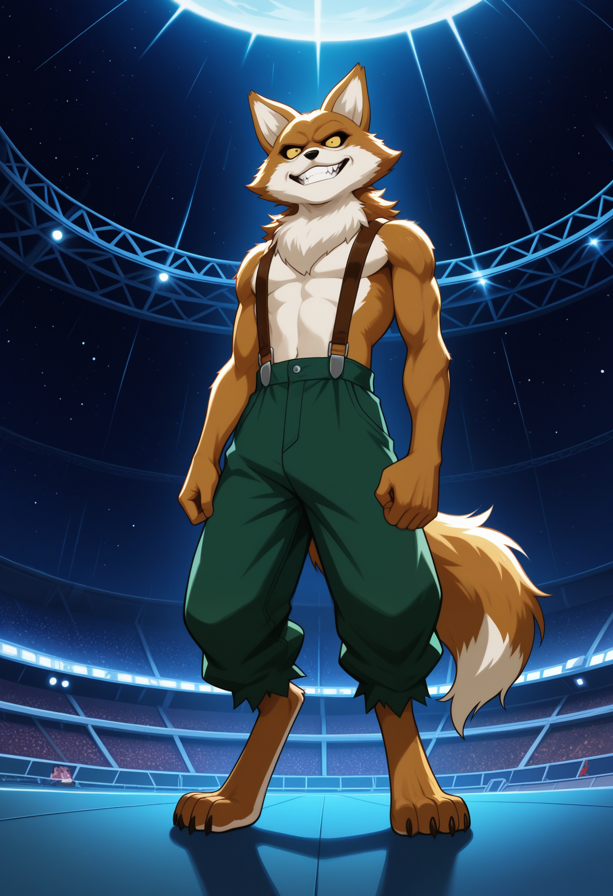 masterpiece,best quality,amazing quality, 1boy, solo, l4v3nd3r, fox boy, brown fur, colored sclera, brown suspenders, green pants, tail, full body, evil smile, battle arena, space,