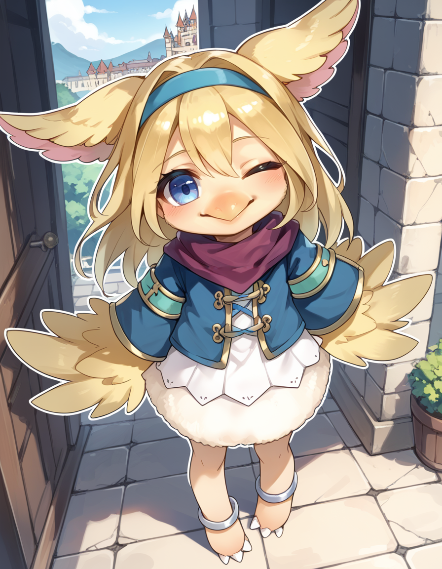 (score_9:0.9),score_8_up,score_7_up,rating_safe,anime_style,(zPDXL3),(zPDXL),
<lora:Filo, Messenger Fur Hire ponyXL v1.1:0.85>,
filo messenger fur hire,solo,1girl,one eye closed,outline,blush,white outline,silver anklet,standing,looking at viewer,closed mouth,smile,cyan hairband,bird girl,feathered wings,full body,blue jacket,happy,barefoot,bottomless,beak, castle