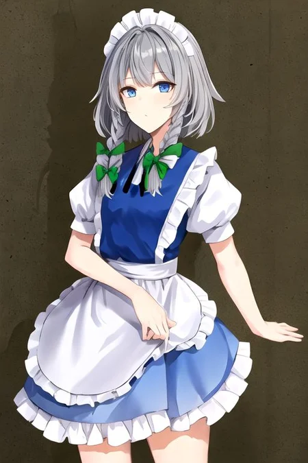 Sakuya, maid headdress, izayoi sakuya, braid, twin braids, grey hair, short hair, sakuya, solo, looking at viewer, bow, blue eyes, hair bow, green bow, bangs, maid, puffy sleeves, short sleeves, apron, dress, blue dress