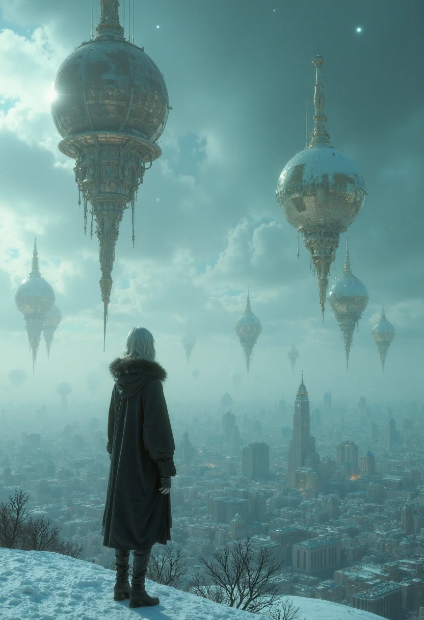 In a vast, silent sky above a sprawling, abandoned cyberpunk metropolis, a series of bronze liquid metal sculptures hang suspended, their forms frozen mid-transformation by an unknown force. Their once-fluid surfaces are now covered in a layer of frost, reflecting the pale moonlight and the distant, twinkling stars. The city below is shrouded in a blanket of snow, its once-vibrant neon lights now extinguished, leaving behind a haunting silence.
Standing on the edge of a snow-covered rooftop, a cyborg woman with flowing, silver hair gazes upward, her eyes fixed on the frozen sculptures. Her once-bronze body, now covered in a layer of frost, reflects the stillness of the city around her. She wears a heavy, fur-lined coat over her patched-up clothing, her breath misting in the freezing air.
The environment is bathed in a cool, ethereal moonlight, the snow reflecting the faint light of the stars. The overall mood is one of quiet solitude, frozen in time, a poignant reminder of the city's bustling past now silenced by an unknown force. The color palette is dominated by cool blues, grays, and whites, punctuated by the faint bronze gleam of the frozen sculptures.
The image is hyper-detailed, capturing the intricate textures of the frozen liquid metal sculptures, the frost-covered cyborg and cityscape, and the delicate snowflakes falling silently from the sky. The scene is both beautiful and eerie, with a cinematic lighting that enhances the post-apocalyptic, cyberpunk atmosphere, creating a haunting portrait of a cyborg frozen in time amidst the ruins of a forgotten city.