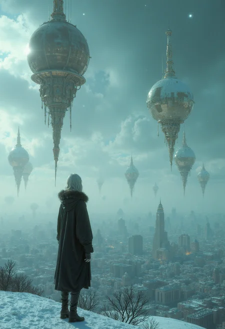 In a vast, silent sky above a sprawling, abandoned cyberpunk metropolis, a series of bronze liquid metal sculptures hang suspended, their forms frozen mid-transformation by an unknown force. Their once-fluid surfaces are now covered in a layer of frost, reflecting the pale moonlight and the distant, twinkling stars. The city below is shrouded in a blanket of snow, its once-vibrant neon lights now extinguished, leaving behind a haunting silence.
Standing on the edge of a snow-covered rooftop, a cyborg woman with flowing, silver hair gazes upward, her eyes fixed on the frozen sculptures. Her once-bronze body, now covered in a layer of frost, reflects the stillness of the city around her. She wears a heavy, fur-lined coat over her patched-up clothing, her breath misting in the freezing air.
The environment is bathed in a cool, ethereal moonlight, the snow reflecting the faint light of the stars. The overall mood is one of quiet solitude, frozen in time, a poignant reminder of the city's bustling past now silenced by an unknown force. The color palette is dominated by cool blues, grays, and whites, punctuated by the faint bronze gleam of the frozen sculptures.
The image is hyper-detailed, capturing the intricate textures of the frozen liquid metal sculptures, the frost-covered cyborg and cityscape, and the delicate snowflakes falling silently from the sky. The scene is both beautiful and eerie, with a cinematic lighting that enhances the post-apocalyptic, cyberpunk atmosphere, creating a haunting portrait of a cyborg frozen in time amidst the ruins of a forgotten city.