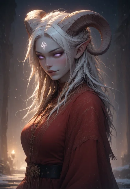 (absurdres, best quality, masterpiece:1.4), score_9, score_8_up, score_7_up, score_6_up, detailed, detailed body, detailed face, world of warcraft, fantasy, <lora:add-detail-xl:1.5>, 

fFaceDetail, ((female, draenei, tall, athletic arms, pale white skin, long white hair, purple eyes, no sclera, long white tail), (h0rns, ram horns, white horns), 
(long fingers, gold fingernails, gold nail polish)), 

alone, upper body, standing, looking toward viewer, soft smile,

Red santa dress with a white fur trim, red santa hat with a white fur trim, black belt with a gold buckle, black knee high boots, White thigh high socks

depth of field, evening, outdoor, harbour, snowing, light snow