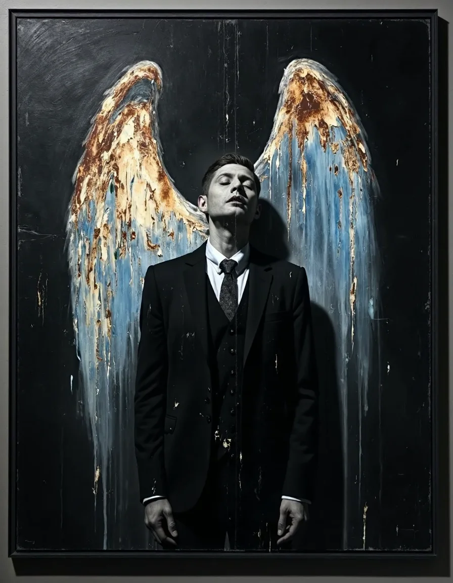 <lora:nicola_samori_ultrarealv4_00:1> a photo of a greyscale monochrome surrealism baroque oil painting art hanging in museum. It is in the style of nicola samori of the ghost of a man Michael standing alone in the dark, smudges, jagged line, highly stylized and textured rough oil paint strokes, gaze downcast dreamily, the painting peeling up from behind his back, revealing a massive crude shape of a pair of abstract angel wings laced with glowing blue and gold in dripping down oil paint, parted lips, three-piece suit, white shirt, patterned tie. The background is extremely dark, with rusted colored shadows so deep they nearly fade into complete blackness. combed back short hair. <lora:michael_ultrarealv4_00-000020:1:lbw=0.7,0.7,0.7,0.7,0.7,0.7,0.7,0.7,0.7,0.7,0.7,0.7,0.7,0.7,0.7,0.7,0.7,0.7,0.7,0.7,0.7,0.7,0.7,0.7,0.7,0.7,0.7,0.7,0.7,0.7,0.7,0.7,0.7,0.7,0.7,0.7,0.7,0.7,0,0,0,0,0,0,0,0,0,0,0,0,0,0,0,0,0,0,0>