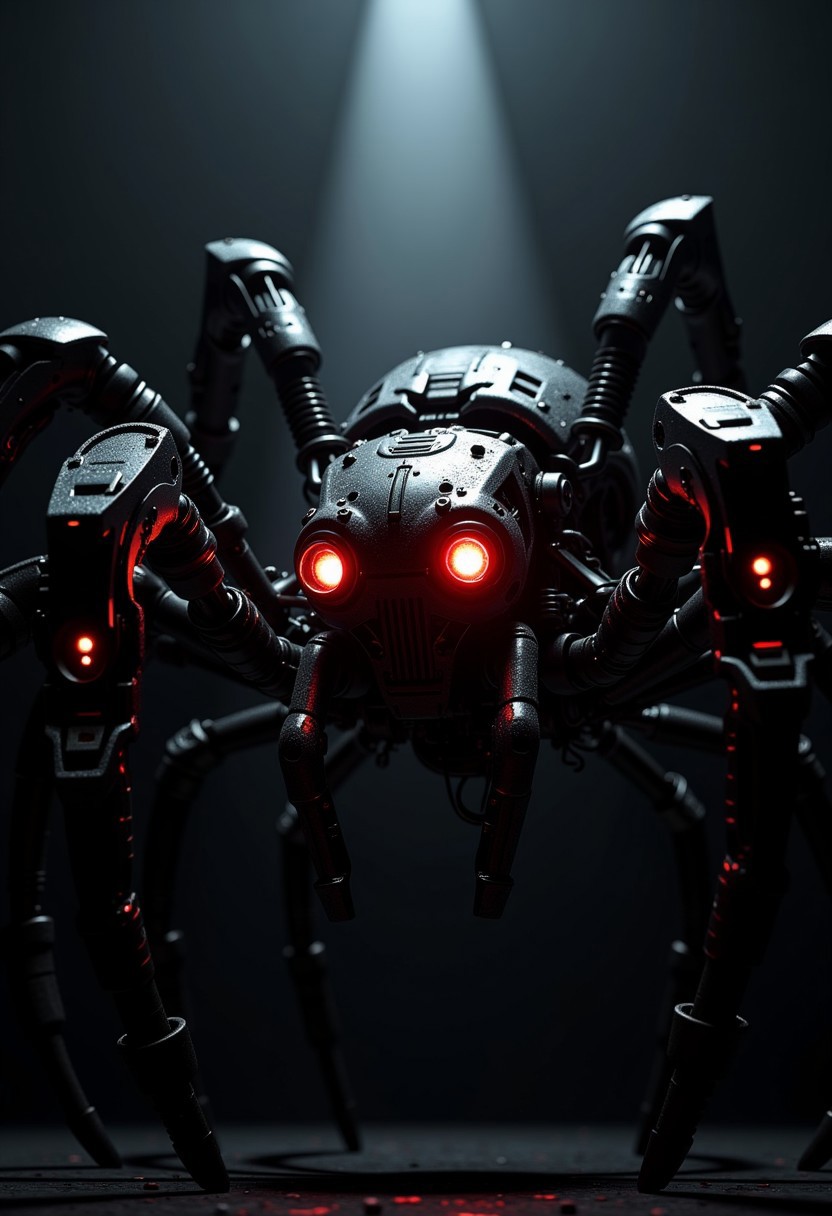 silhouette art, chiascuro, a_skynet_cyberdyne_systems_craft, the image is  featuring a huge, futuristic, highly advanced robotic spider, with glowing red robot eyes, adorned with intricate, metallic details, including bolts, wires, and mechanical components, giving it a highly advanced, industrial look, with glowing red diodes and LEDs, black background, in darkness, illuminated by a directional shaft of light