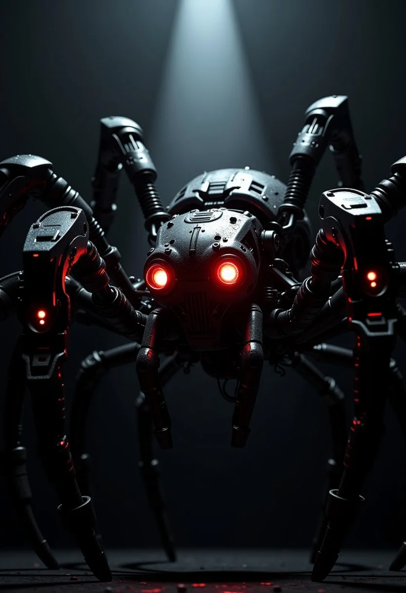 silhouette art, chiascuro, a_skynet_cyberdyne_systems_craft, the image is featuring a huge, futuristic, highly advanced robotic spider, with glowing red robot eyes, adorned with intricate, metallic details, including bolts, wires, and mechanical components, giving it a highly advanced, industrial look, with glowing red diodes and LEDs, black background, in darkness, illuminated by a directional shaft of light