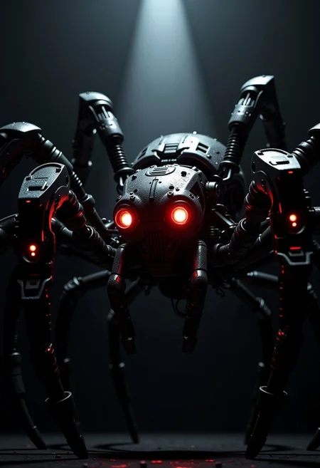 silhouette art, chiascuro, a_skynet_cyberdyne_systems_craft, the image is  featuring a huge, futuristic, highly advanced robotic spider, with glowing red robot eyes, adorned with intricate, metallic details, including bolts, wires, and mechanical components, giving it a highly advanced, industrial look, with glowing red diodes and LEDs, black background, in darkness, illuminated by a directional shaft of light