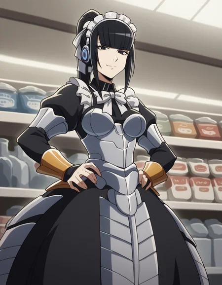 score_9, score_8_up, score_7_up, source_anime, <lora:narberal-gamma-s1s2-ponyxl-lora-nochekaiser:1>, narberal gamma, black hair, high ponytail, long hair, slanted eyes, narrow eyes, black eyes, medium breasts,, apron, armor, black dress, dress, frills, long sleeves, maid, maid headdress, puffy sleeves,, music store, browsing records, headphones, vinyl collection, nostalgic, , looking at viewer, smug, hands on hips,, solo,, cowboy shot, dutch angle
