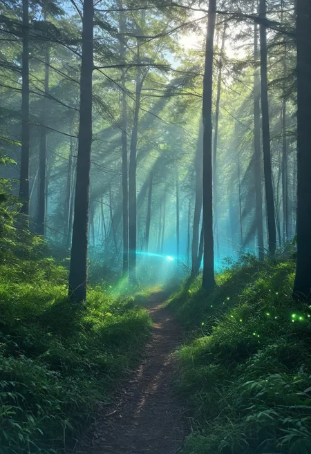 A seductive siren in a dark and misty forest, surrounded by glowing fireflies