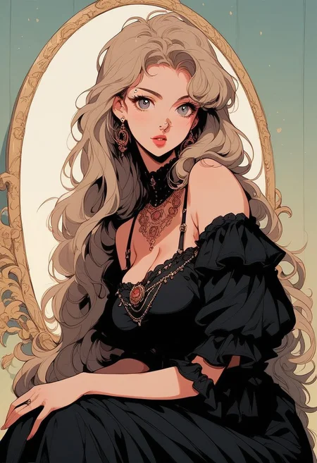 core_9, score_8_up, score_7_up, anime style, ultra detailed, Excellent quality, high resolution, 1woman, cute, beautiful, beautiful eyes, anime in the style of 90s, long hair, sitting in front of the mirror, doing makeup, painting lips, lipstick in hand, open mouth, black dress with razors, nose piercing, eyebrow piercing