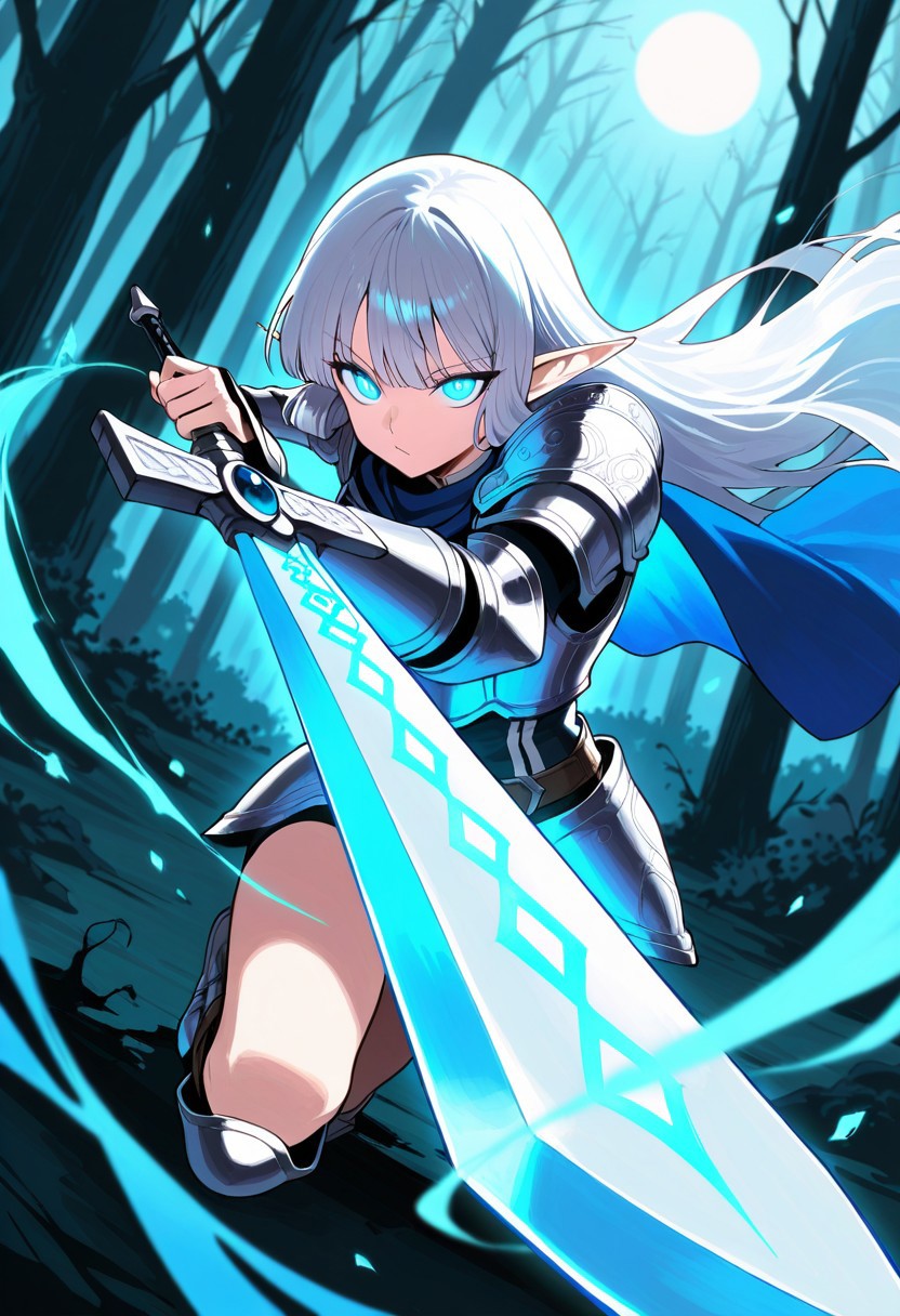 score_9, score_8_up, score_7_up, breathtaking, masterpiece, best quality, newest, absurdres, highres, embedding:lazypos, 1girl, solo, elf, long silver hair, glowing blue eyes, intricate silver armor, enchanted sword, battle-ready stance, flowing blue cape, delicate elven features, ornate pauldrons, magical runes, moonlit forest, mystical aura, soft ethereal glow, fantasy setting, detailed background, depth of field, dynamic pose, dramatic composition, foreshortening, detailed background, dynamic pose, dynamic composition,dutch angle, detailed backgroud,foreshortening,blurry edges, by saniiwan, by abbey and bear