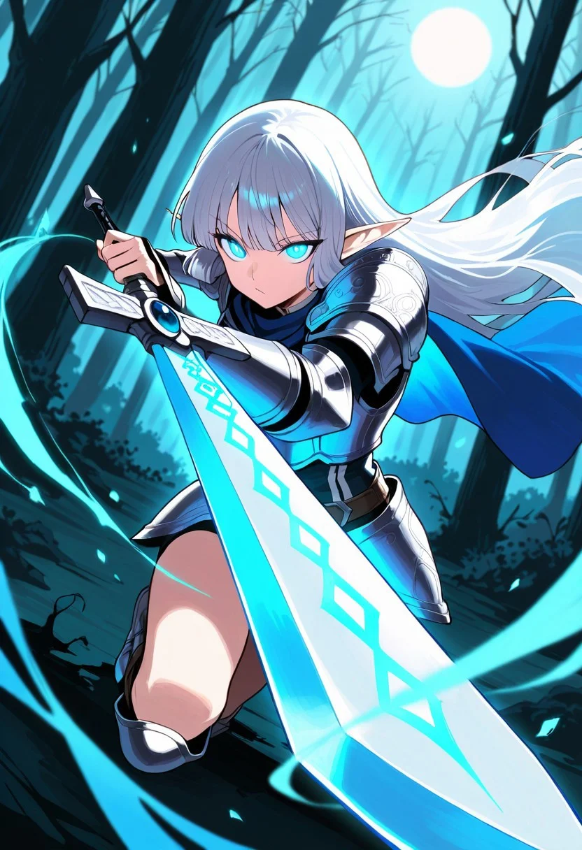 score_9, score_8_up, score_7_up, breathtaking, masterpiece, best quality, newest, absurdres, highres, embedding:lazypos, 1girl, solo, elf, long silver hair, glowing blue eyes, intricate silver armor, enchanted sword, battle-ready stance, flowing blue cape, delicate elven features, ornate pauldrons, magical runes, moonlit forest, mystical aura, soft ethereal glow, fantasy setting, detailed background, depth of field, dynamic pose, dramatic composition, foreshortening, detailed background, dynamic pose, dynamic composition,dutch angle, detailed backgroud,foreshortening,blurry edges, by saniiwan, by abbey and bear
