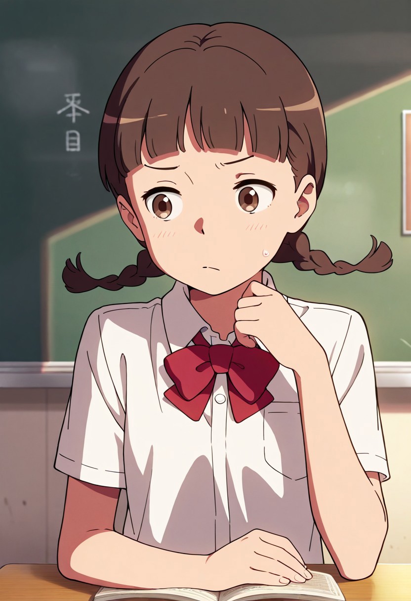 masterpiece,best quality,amazing quality, natori sayaka, brown eyes, brown hair, twin braids, 1girl, solo, book, braid, indoors, bow, shirt, sitting, short sleeves, chalkboard, bowtie, white shirt