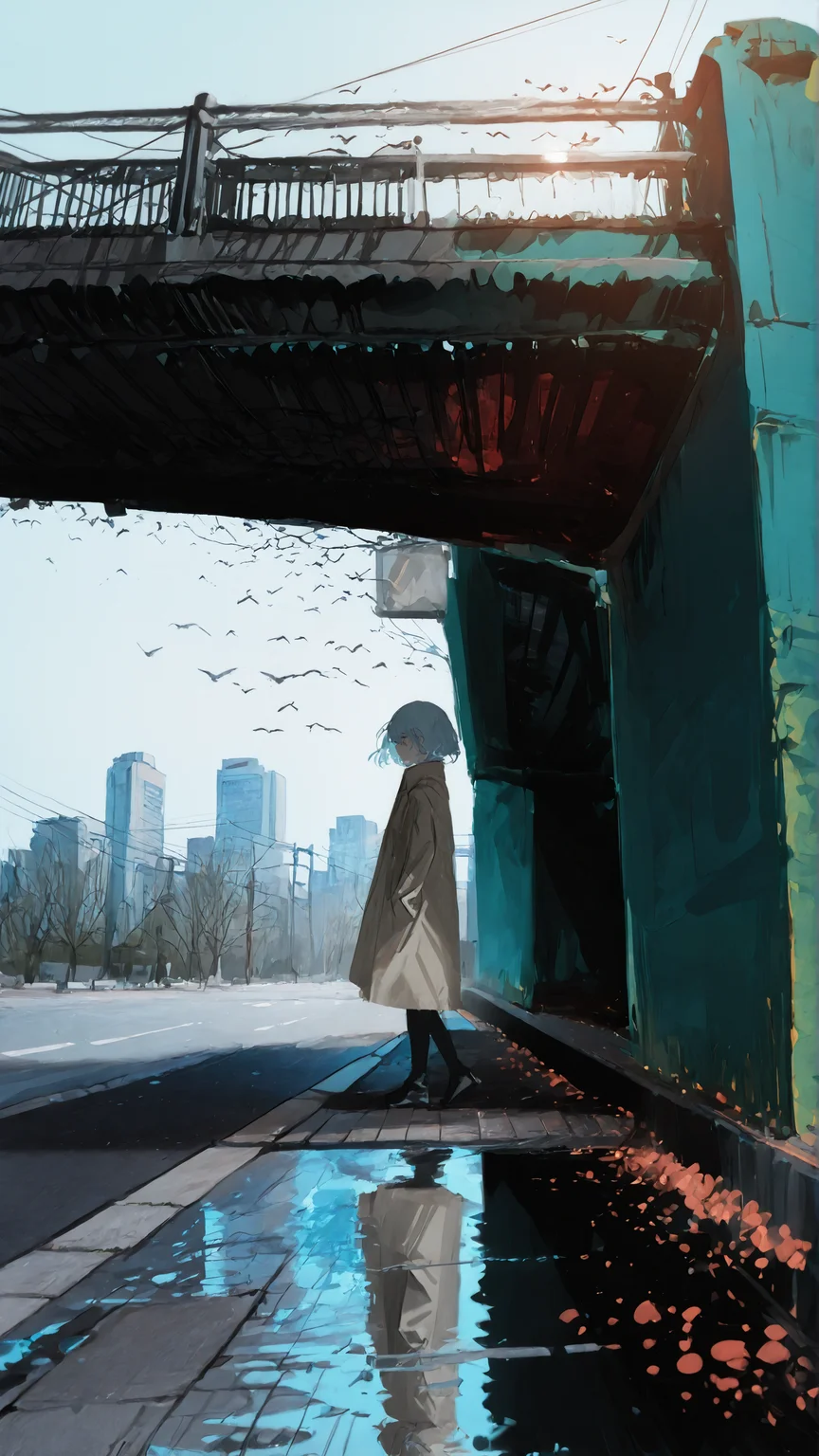 masterpiece, newest,absurdres,incredibly absurdres, best quality, amazing quality, very aesthetic, simple light blue background,
1girl, simple bird, sidewalk, nature, scenery, cityscape, BREAK BREAK lone woman, trench coat, sidewalk, BREAK metalic bridge, red metalic bridge, from below, gigantic bridge, (under bridge:1.5)
<lora:pikus0n_illu:1> pikus0n_style, sketch <lora:ZumiZumi:1> zum1_style <lora:KonYa666:1> kony4666