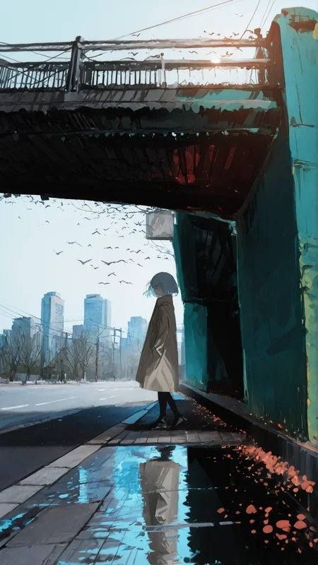 masterpiece, newest,absurdres,incredibly absurdres, best quality, amazing quality, very aesthetic, simple light blue background,
1girl, simple bird, sidewalk, nature, scenery, cityscape, BREAK BREAK lone woman, trench coat, sidewalk, BREAK metalic bridge, red metalic bridge, from below, gigantic bridge, (under bridge:1.5)
<lora:pikus0n_illu:1> pikus0n_style, sketch <lora:ZumiZumi:1> zum1_style <lora:KonYa666:1> kony4666